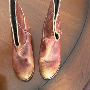 Vintage Two-Tone Distressed Leather Ankle Booties in Brown and Tan—